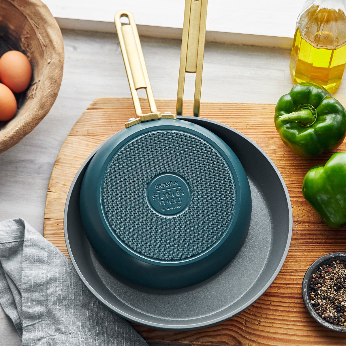 Stanley Tucci™ Ceramic Nonstick 4-Piece Cookware Set with Free Tucci Cookbook | Venetian Blue | Non-Toxic PFOA-Free Coating | Perfect for Sautéing, Frying & Everyday Cooking