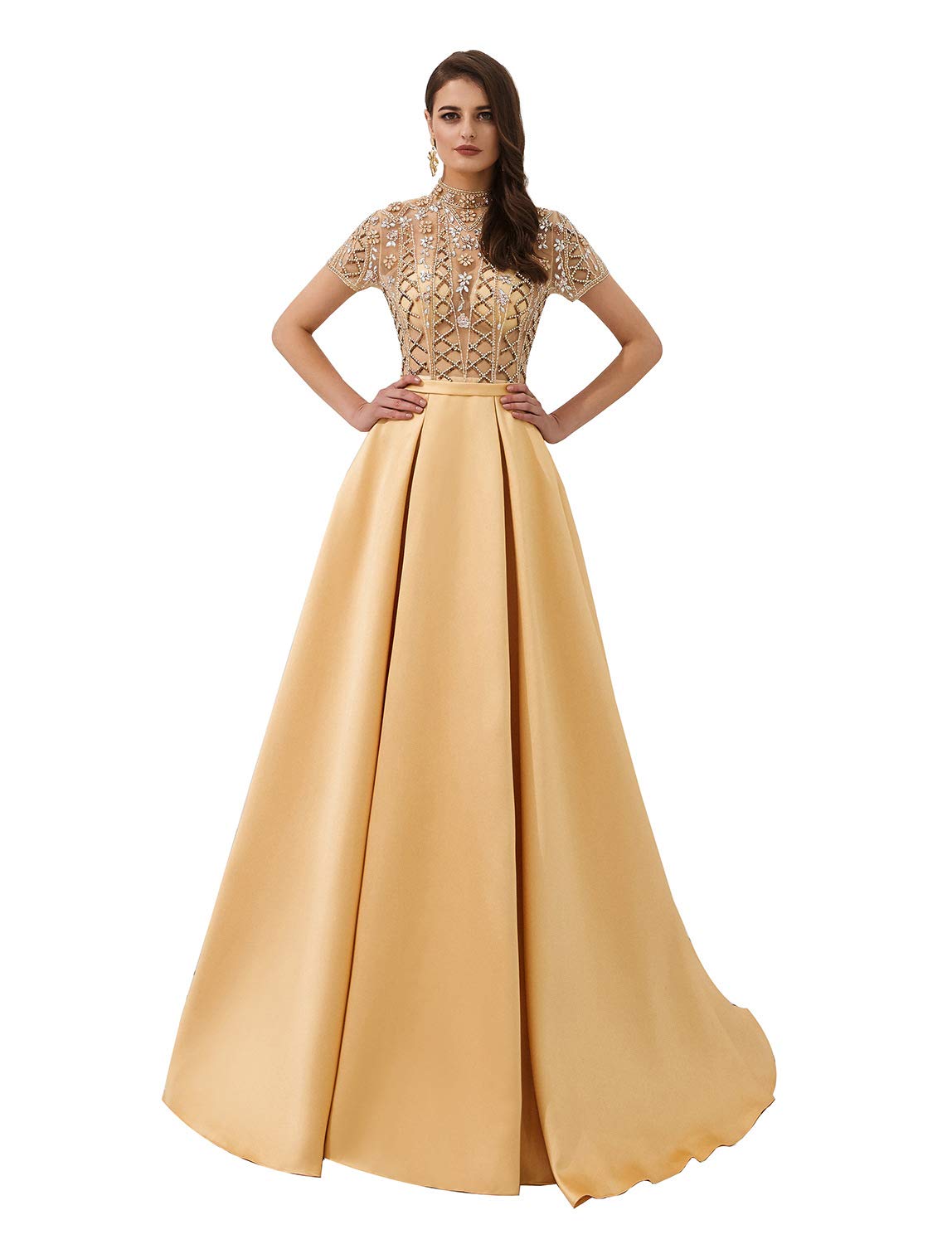 Elegant Short Sleeve Prom Dress with Crystal Beading - Satin Long Evening Gown for Homecoming, Formal Events & Special Occasions