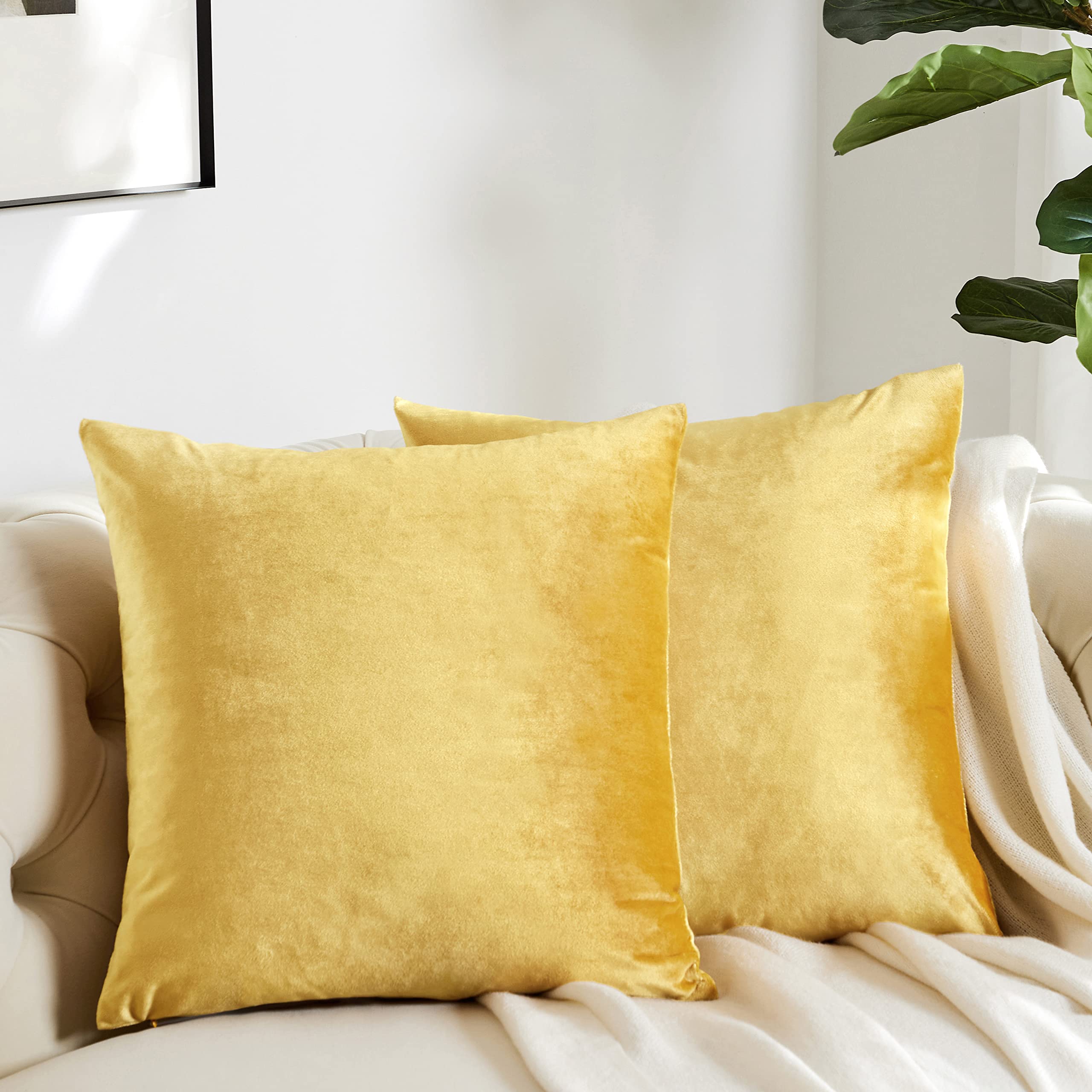 GIGIZAZA 16x16 Decorative Throw Pillow Covers Set of 2 - Yellow Velvet Square Boho Cushion Covers for Sofa, Couch & Bed - Soft Home Decor Accent Pillows for Living Room, Bedroom & Nursery