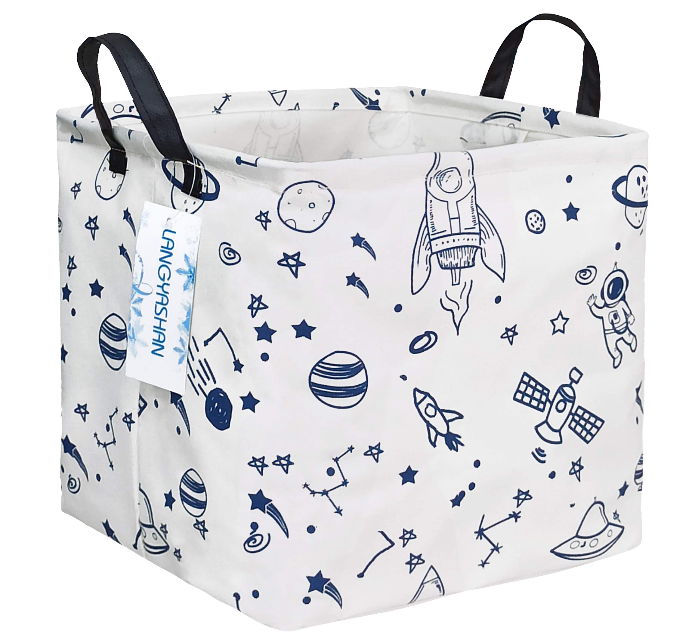 LANGYASHAN Square Storage Baskets - Waterproof Canvas Laundry Hamper for Kids, Nursery Toy Organizer, Shelves Decor Gift Basket - Perfect for Baby Room, Playroom & Closet Organization (Square Spaceship Design)
