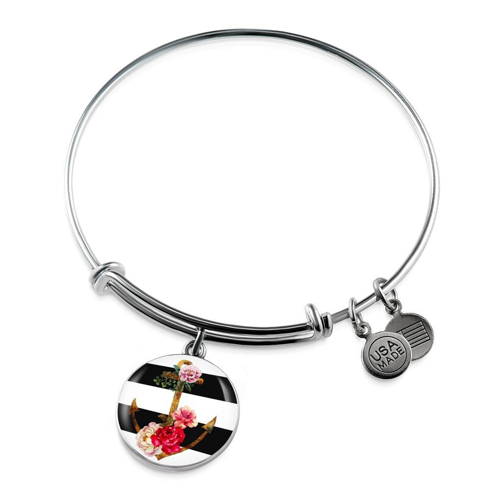Elegant Floral Anchor Bangle Bracelet for Women - Trendy Nautical Jewelry Gift for Beach, Summer & Boho Fashion