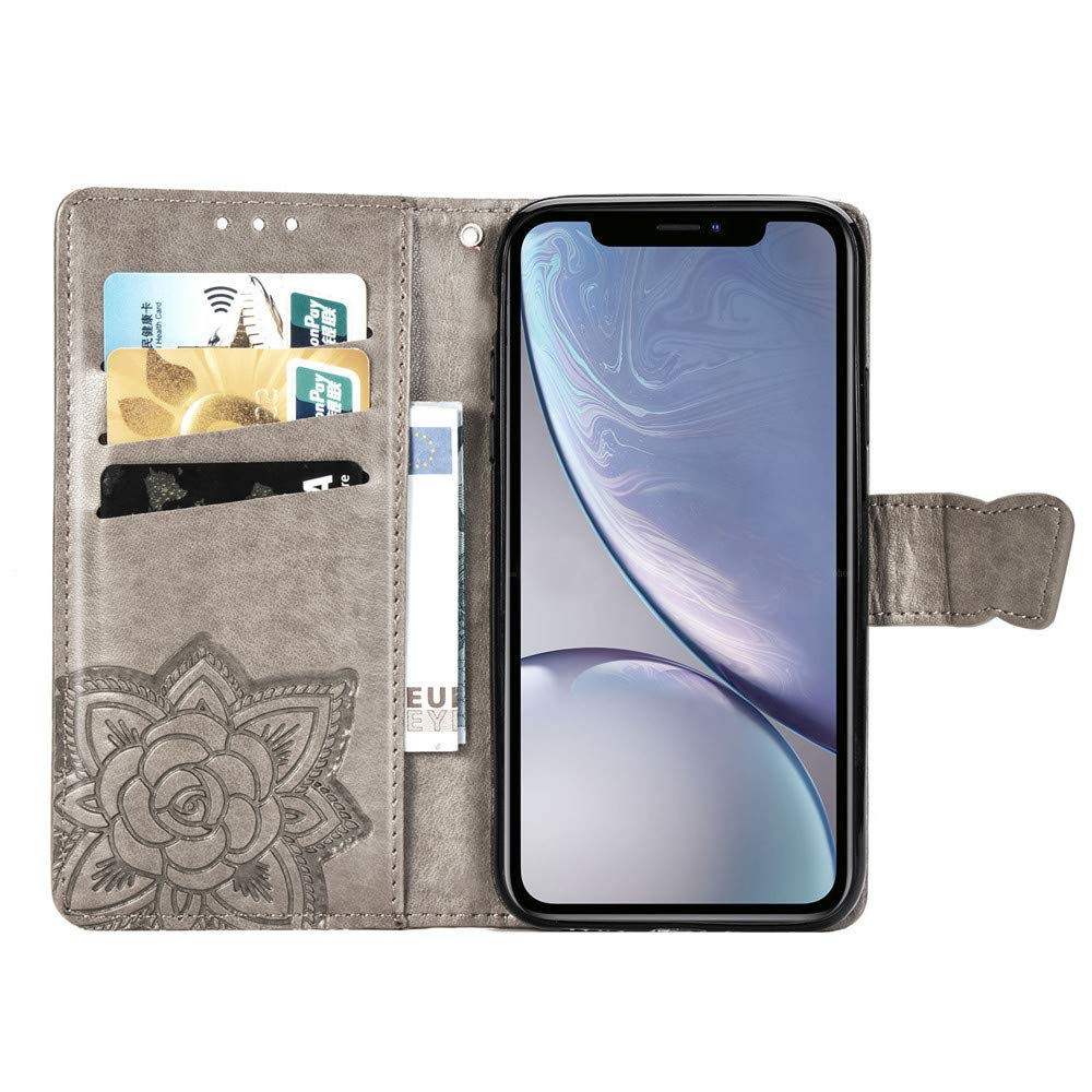 Stylish Shiny Diamond Wallet Case for iPhone XR - PU Leather Flip Cover with Credit Card Slots & Magnetic Stand | Shockproof Glitter Butterfly Gray Design | Perfect for Everyday Use, Travel & Business Meetings