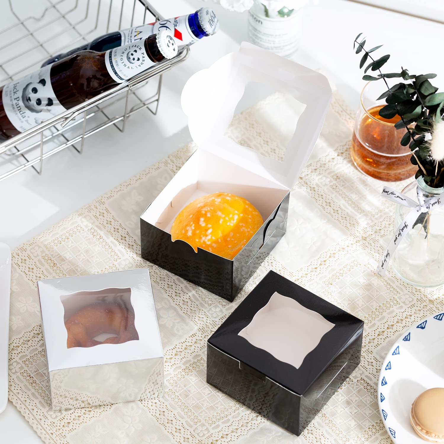 100-Pack 4x4x2.5 Inch Small Bakery Boxes with Window - Mini Cake & Pastry Boxes for Cupcakes, Donuts, Chocolate Strawberries, Desserts, Candies | Perfect for Home Baking, Party Favors, Wedding Treats & Gift Packaging (Black)