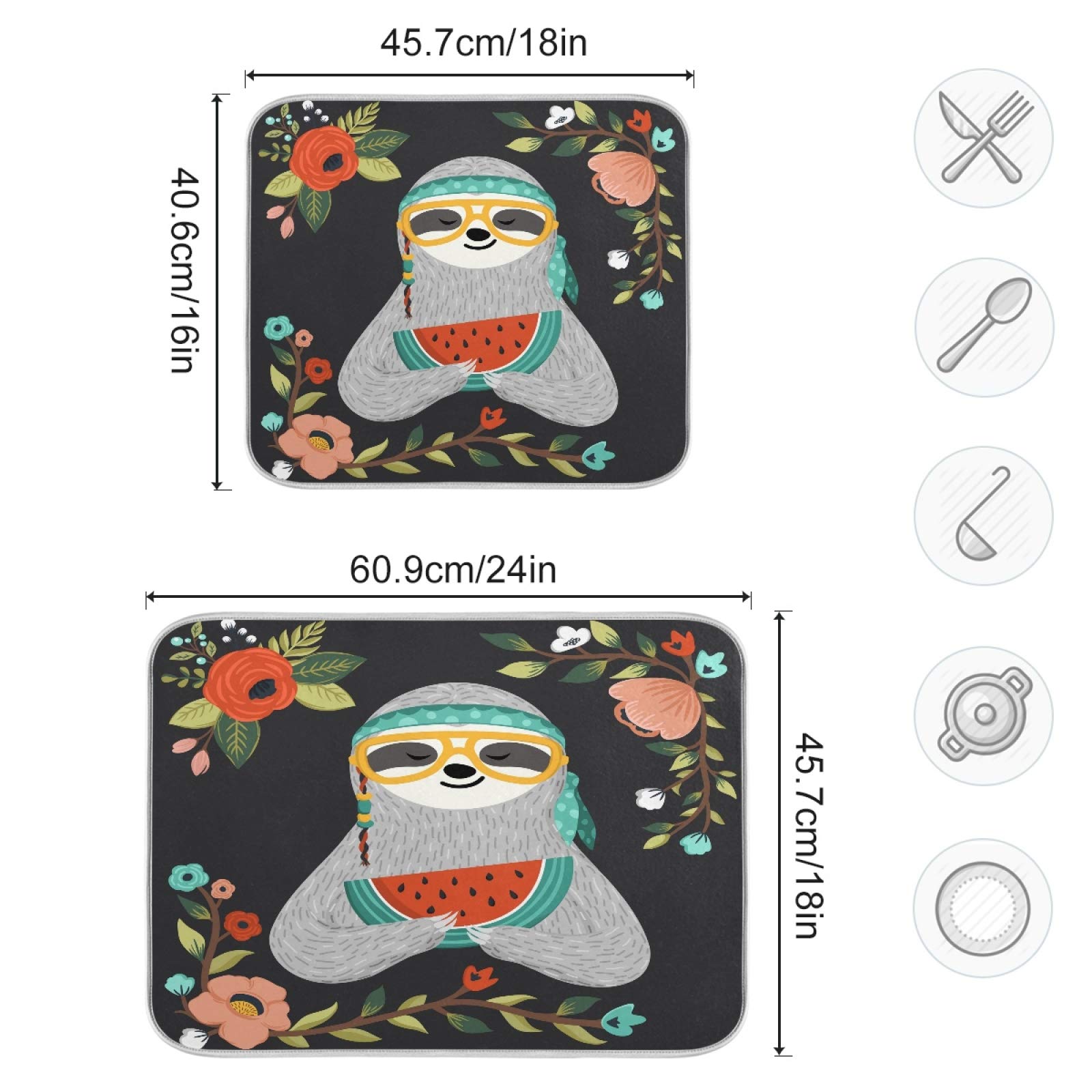 Watermelon Sloth Kitchen Dish Drying Mat 16x18 Inch - Absorbent Countertop Drying Pad for Dishes | Summer Kitchen Decor | Easy to Clean & Reusable | Perfect for Kitchen Counter, Sink Area & Dining Table