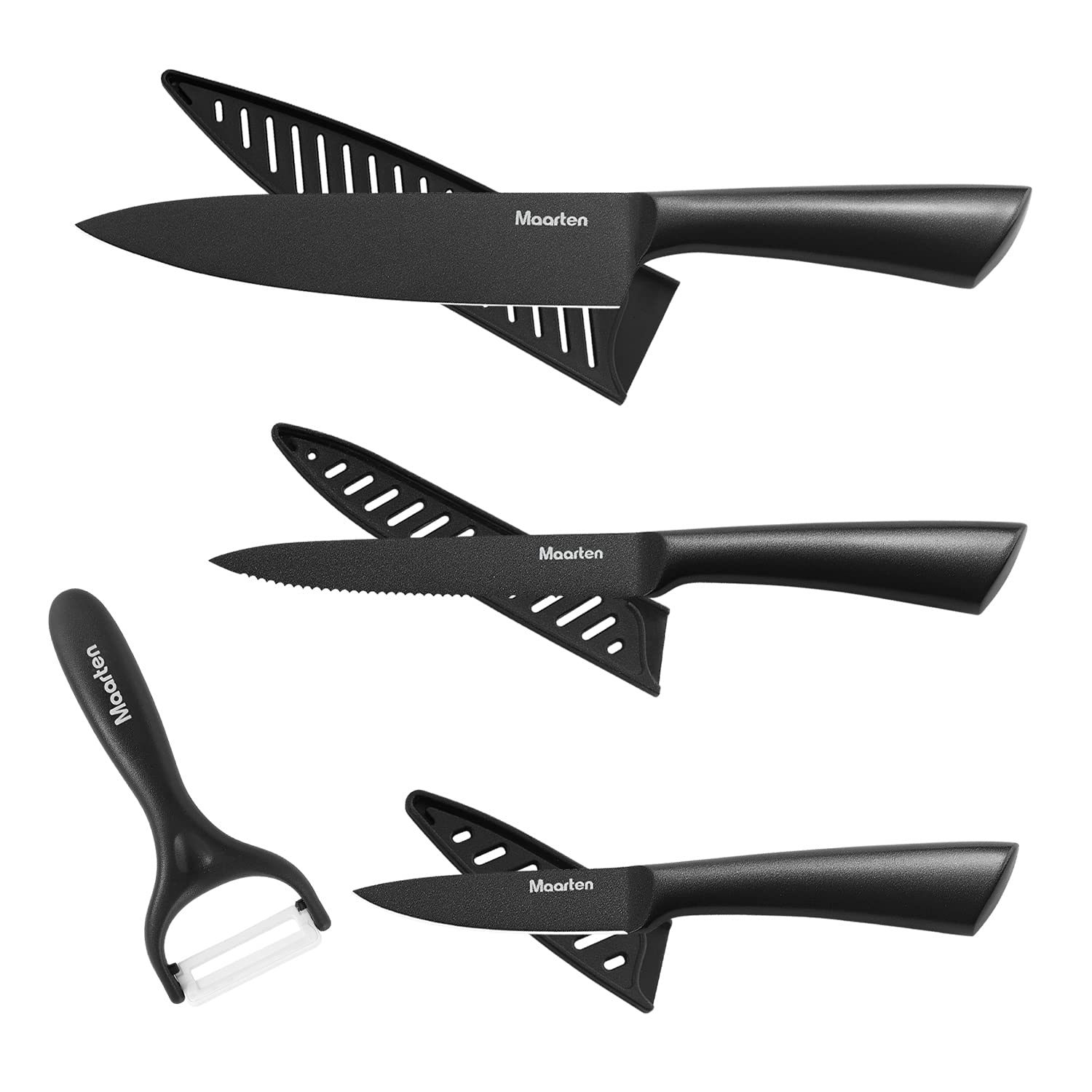 4-Piece Stainless Steel Kitchen Knife Set with Sheath - Hollow Handle Chef Knives, Non-Stick Coating, Gift Boxed (Black) - Perfect for Home Cooking, Professional Chefs & Restaurant Use
