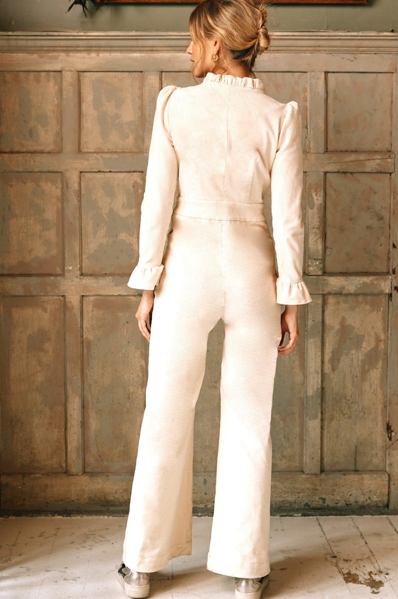 Women's Zip Front Stretch Corduroy Jumpsuit - Soft Comfortable Romper with Pockets | Cream | Casual Outfit for Fall, Date Night & Weekend Wear