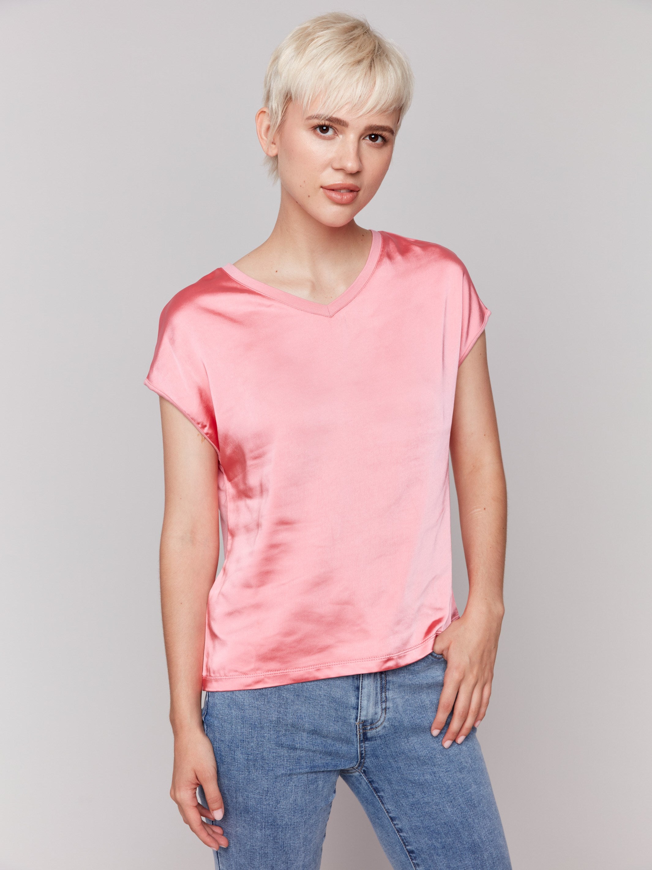 Women's Satin V-Neck Knit Top - Soft Stretchy Casual Blouse for Summer - Watermelon Color - Perfect for Office, Date Night & Weekend Outings