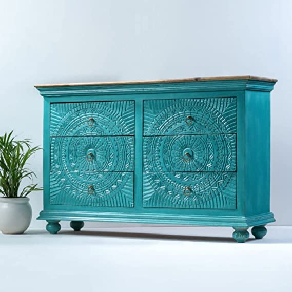 Handmade Sapphire Mandala Carved Wooden Dresser with 6 Drawers - Elegant Bohemian Bedroom Furniture for Home Decor & Storage Solutions
