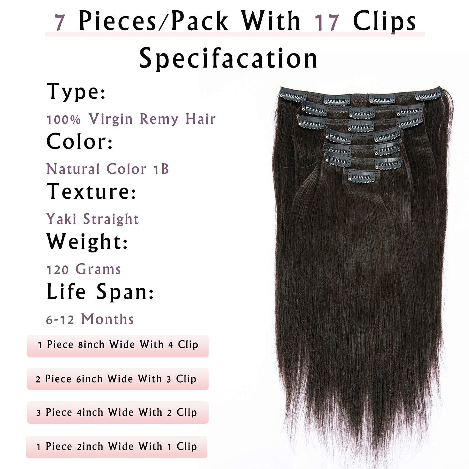 Anrosa Yaki Clip in Hair Extensions 10 Inch 120g - Human Hair Yaki Straight Clip Ins for African American, 1B Natural Black, Adds Thick Volume - Perfect for Daily Styling, Parties & Special Occasions