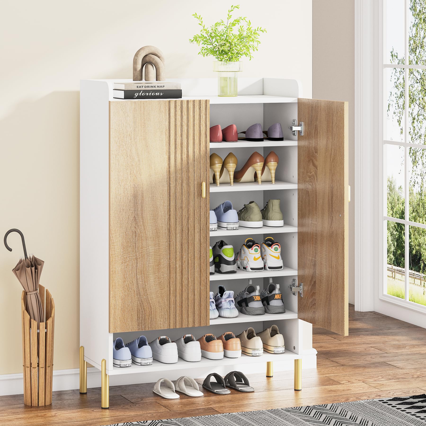 Tribesigns 6-Tier Shoe Storage Cabinet - Adjustable Shelves Freestanding Wooden Shoe Organizer with Doors for Entryway, Hallway, Living Room (White & Wood) - Perfect for Small Spaces, Apartment Entry Storage & Closet Organization