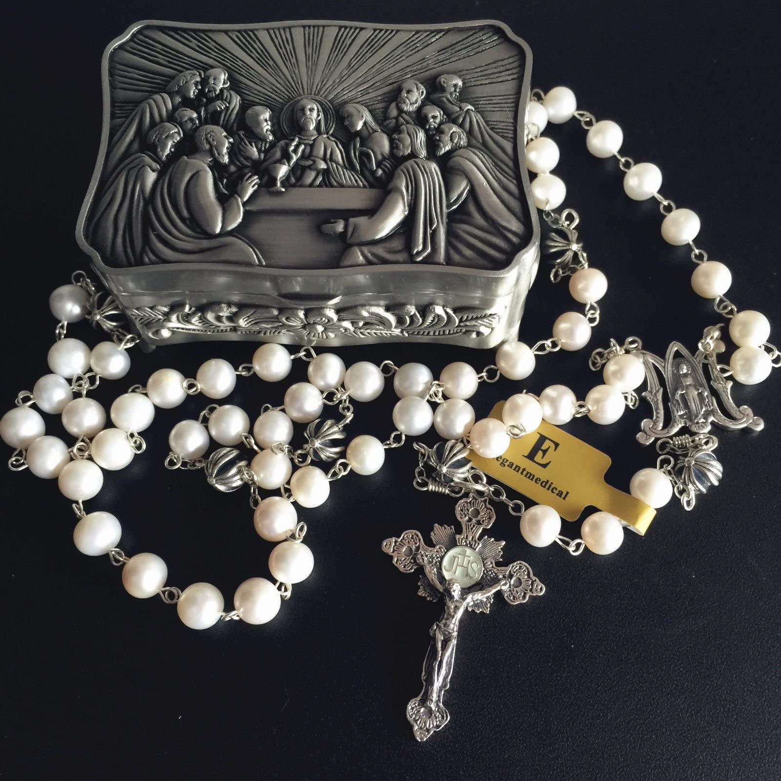 Handmade Catholic Rosary Necklace with Real Pearl & Bali Sterling Silver Cross Beads - Elegant Religious Jewelry for Prayer, Meditation & Faith Gifts