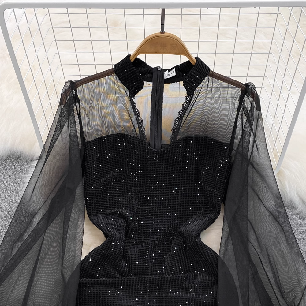 Elegant Autumn V-Neck Mesh Long Sleeve Sequin A-Line Party Dress for Women - Perfect for Evening Events, Holiday Parties & Special Occasions