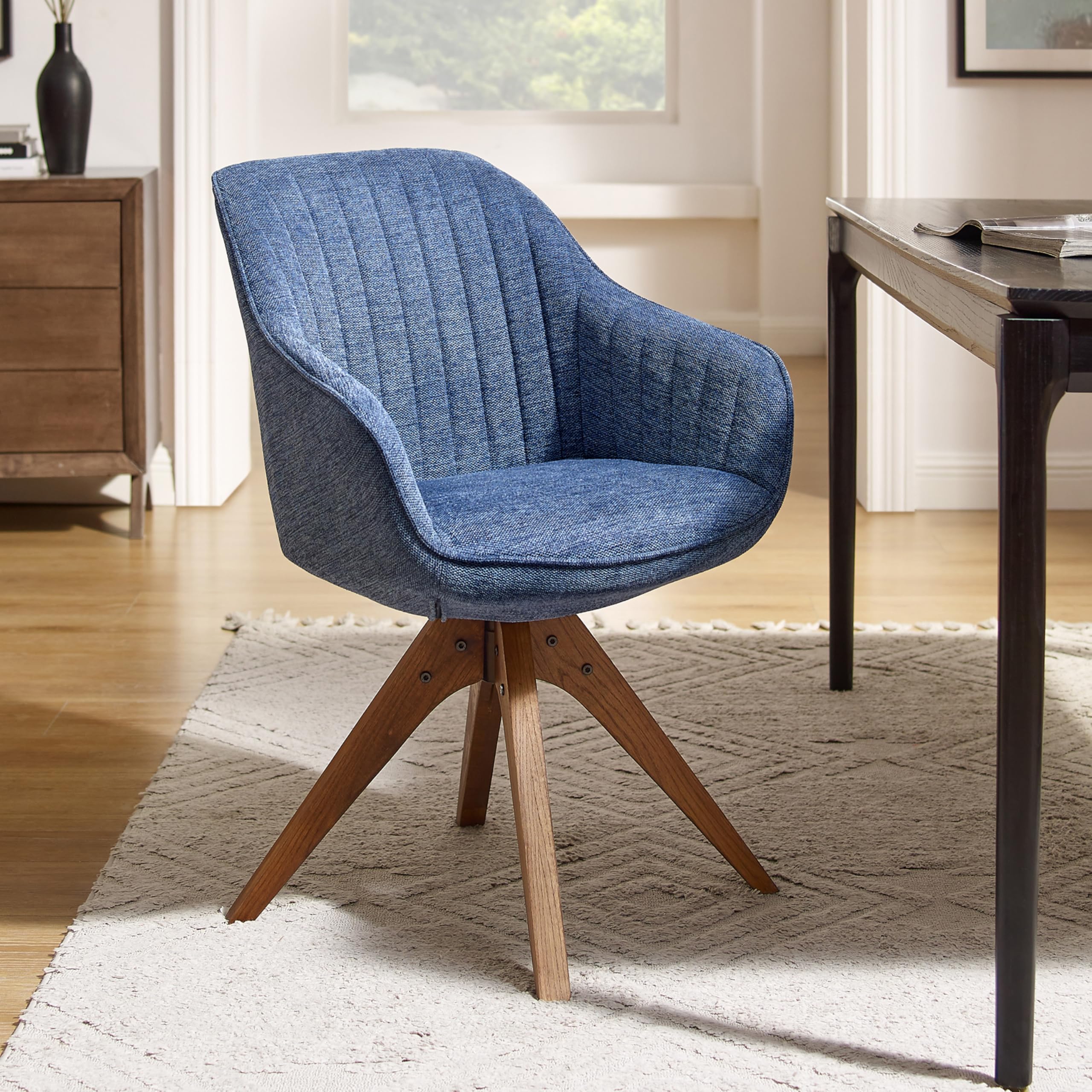 Art Leon Mid Century Modern Office Chair - No Wheels Swivel Accent Chair with Oak Wood Legs & Fabric Upholstery, Blue - Perfect for Home Office, Study Room & Reading Nook