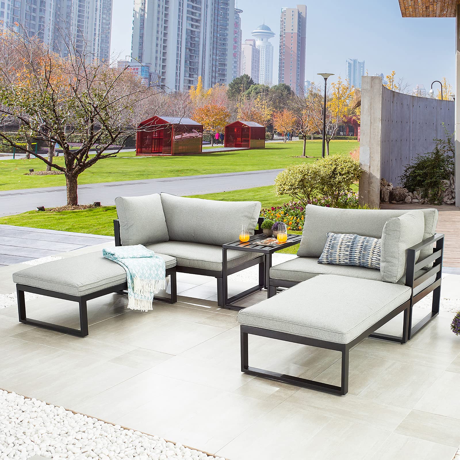 5-Piece Outdoor Patio Furniture Set - Metal Corner Sectional Sofa with Cushions, Armchairs, Coffee Table & Ottomans for Garden, Poolside & Backyard Relaxation