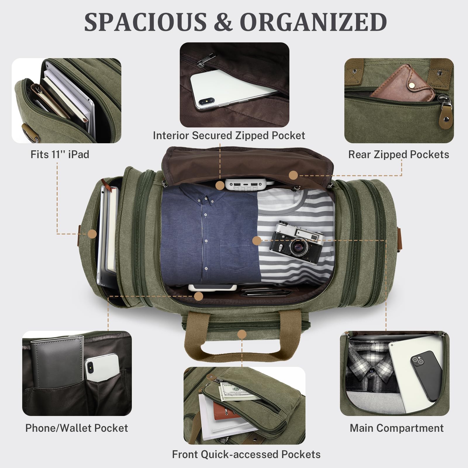 Gonex 50L Canvas Duffle Bag - Army Green Travel Duffel for Overnight & Weekend Trips | Perfect for Gym, Camping, Sports & Air Travel