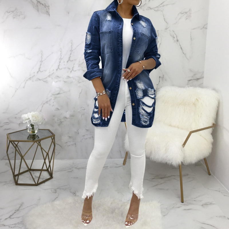 Trendy Women's Denim Jacket - Fashionable Distressed Light Wash Denim Jacket for Casual Outfits & Streetwear Style | Perfect for Spring, Fall & Layering Looks