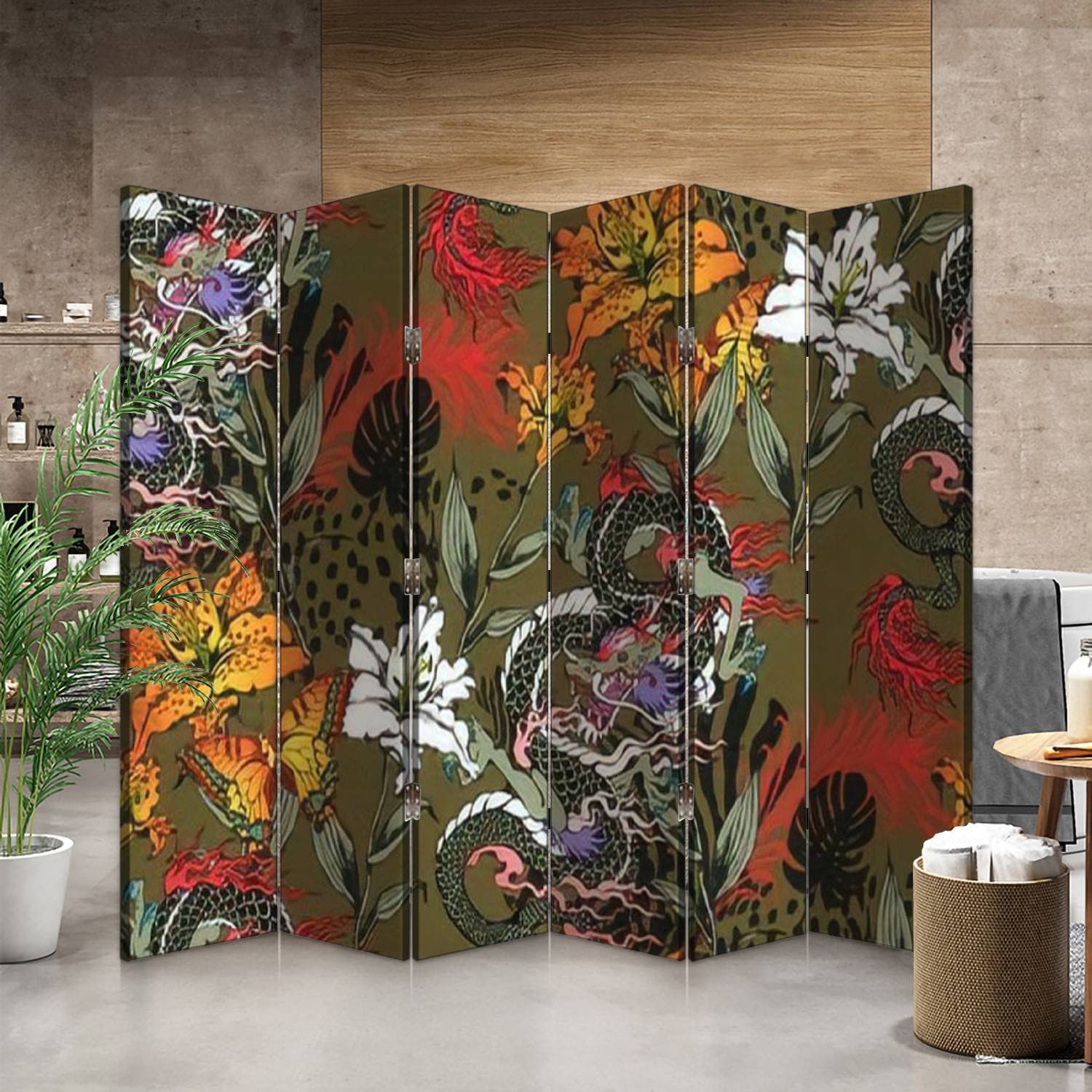 Asian Dragon Canvas Room Divider Screen - 6 Panel Folding Privacy Partition for Bedroom, Living Room & Office | Fabric Room Separator & Wall Divider for Home Decor