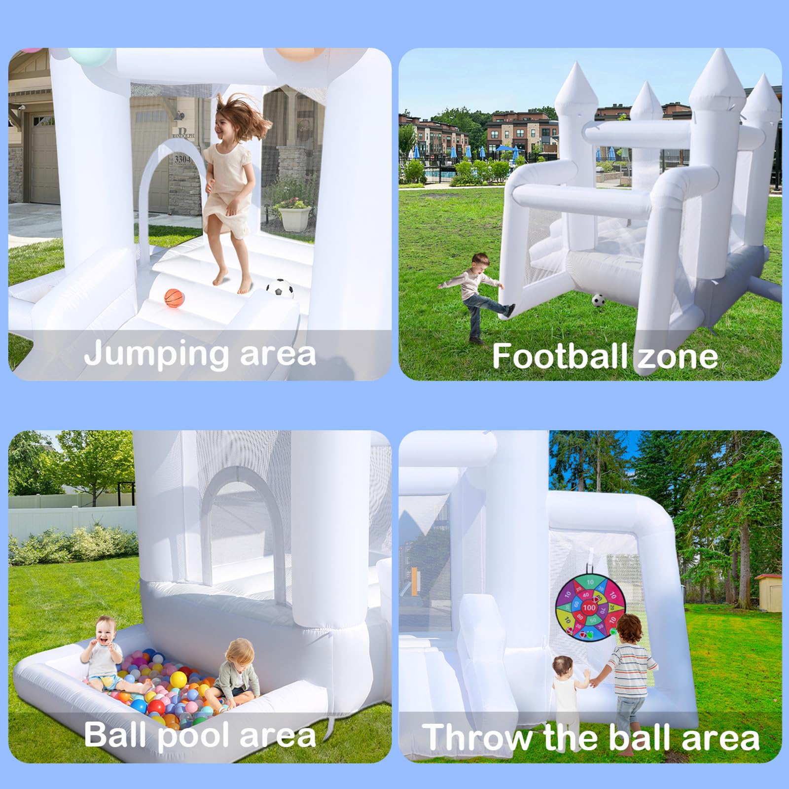 White Bounce House with Blower - 8ft x 11ft Inflatable Bouncy Castle for Kids | Backyard, Birthday Parties, Events | Durable Outdoor Play Equipment for Children's Gifts & Family Fun