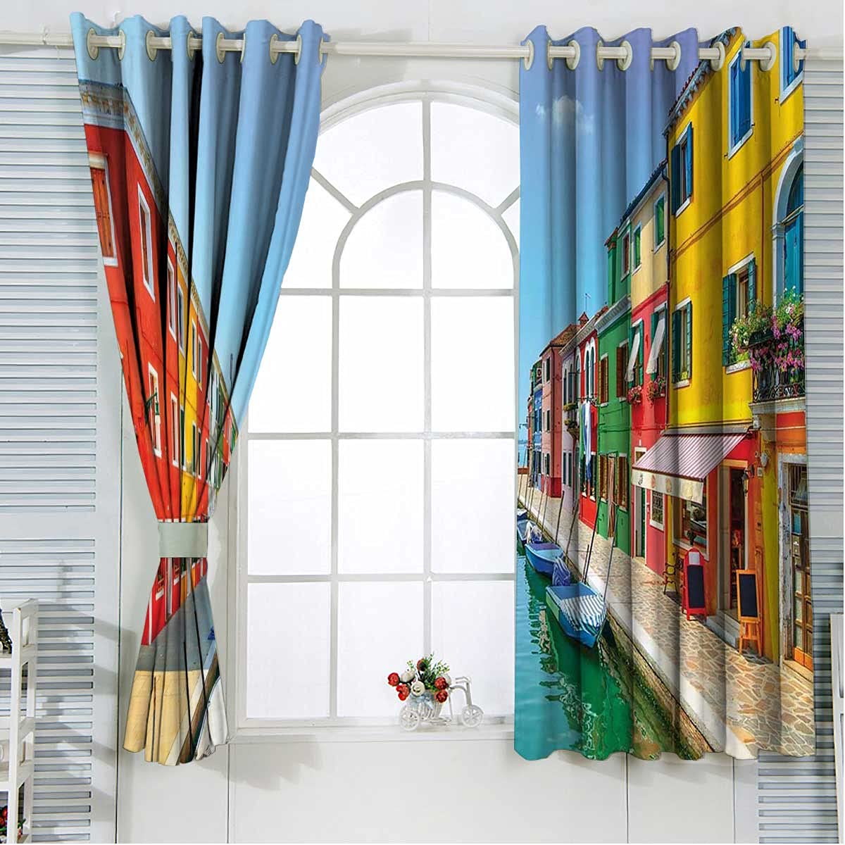 72 Inch Black European Cityscape Curtains - Burano Island Venice Canal with Colorful Houses, Windows & Gondolas - Kitchen, Bedroom & Cafe Window Decor (84 x 72 Inch) - Perfect for Living Room, Dining Room & Office Spaces