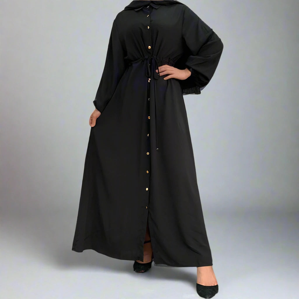 Elegant Muslim Button Up Abaya Dress with Stand Collar - Modest Islamic Prayer Dress for Women, Perfect for Mosque, Eid & Special Occasions