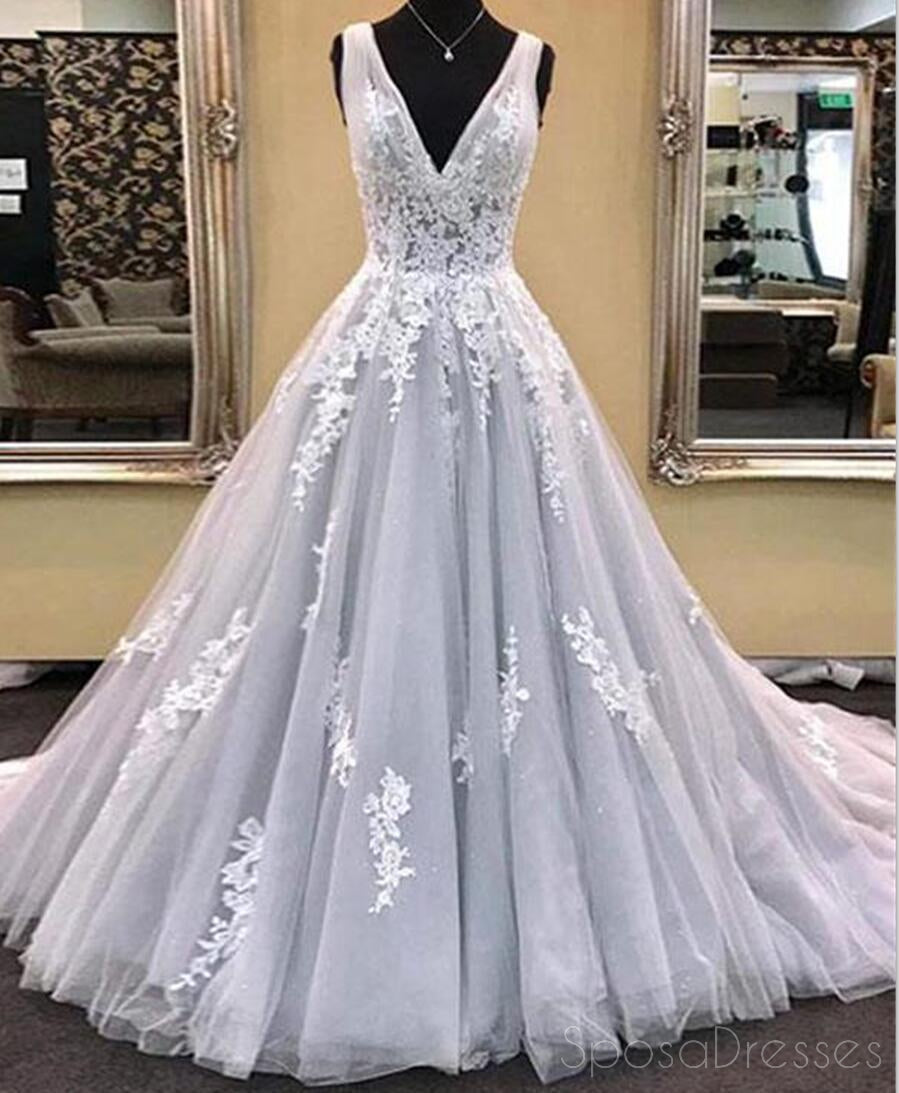 Elegant Gray Deep V-Neck Lace A-Line Long Evening Prom Dress - Custom Party Gown for Women | Perfect for Formal Events, Dances & Special Occasions