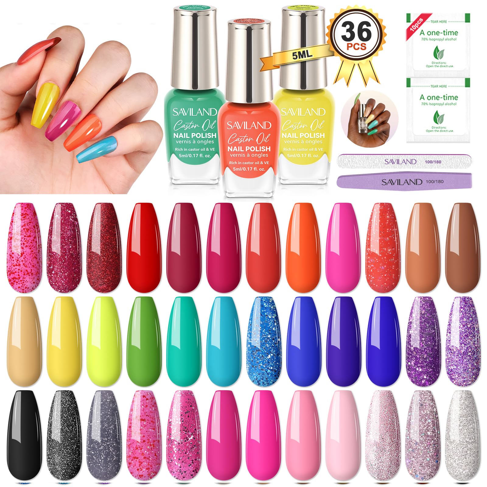 SAVILAND 36pcs Nail Polish Set - Rainbow Colors & Glitter for DIY Manicure at Home