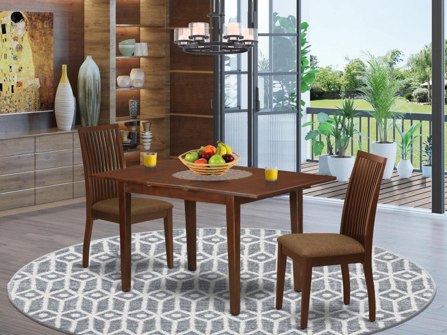 East West Furniture NOIP3-MAH-C 3-Piece Mahogany Dining Set with Extendable Table & 2 Upholstered Chairs - 32x54 Inch Kitchen Table with Butterfly Leaf - Perfect for Small Spaces, Breakfast Nooks & Apartment Dining Rooms