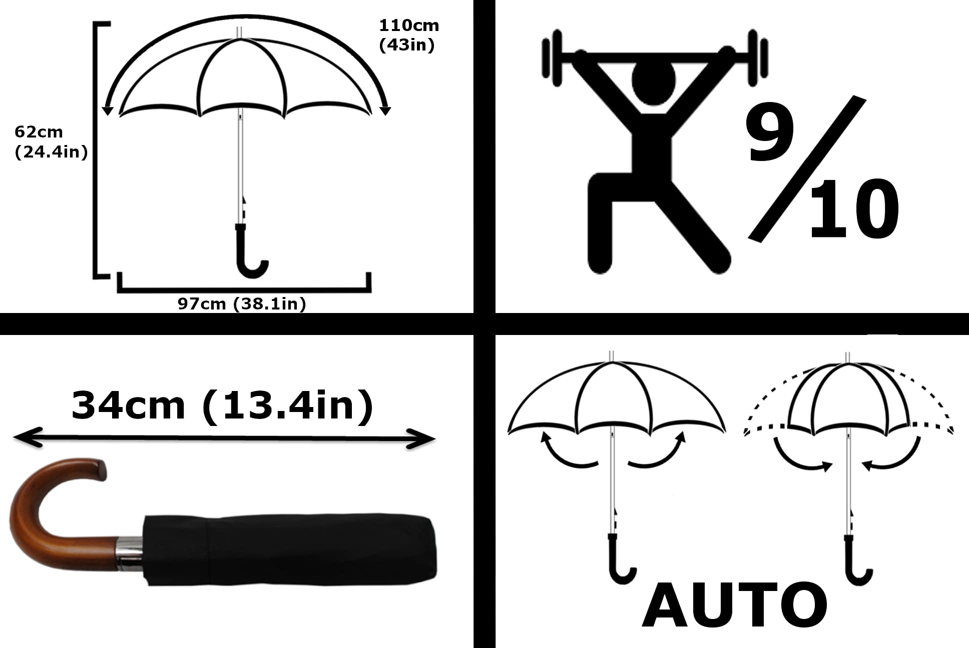 Compact Windproof Umbrella for Rain - 50MPH Wind Resistant - Auto Open/Close - Fiberglass Frame with Vented Canopy - Wooden Hook Handle - Perfect for Travel, Backpack & Everyday Use