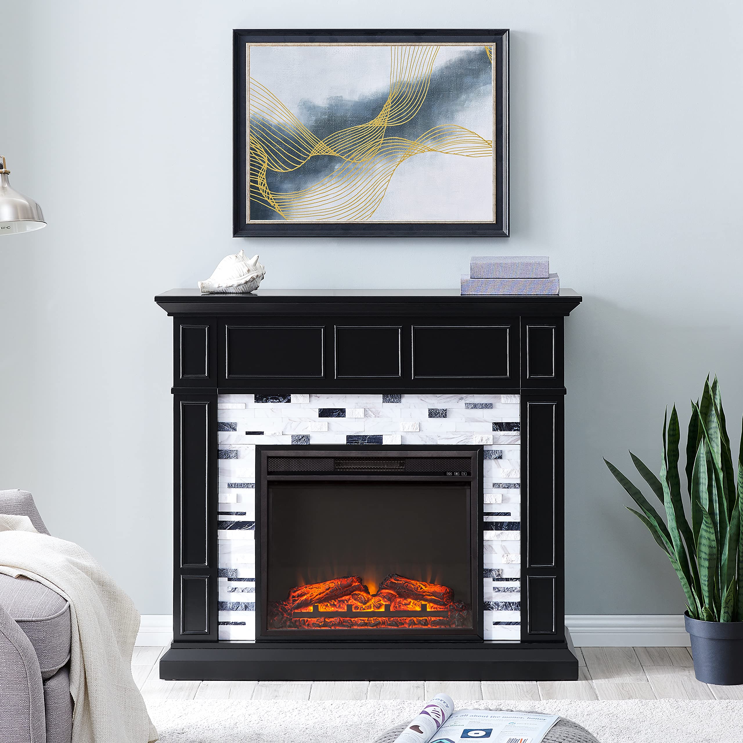SEI Furniture Drovling Modern Black Marble Electric Fireplace - Indoor Heating for Living Room, Bedroom & Office