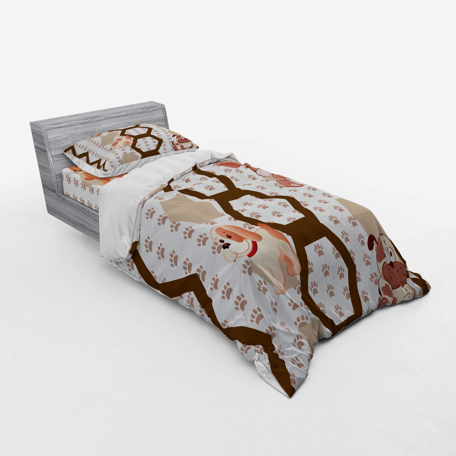 Ambesonne Cartoon Duvet Cover Set - Cute Animal Print with Cats, Dogs, Bunnies, Paw Prints & Hexagon Patterns | 3-Piece Twin XL Bedding Set with Pillow Sham & Fitted Sheet | Perfect for Kids' Rooms, Nursery Decor & Pet Lover Gifts