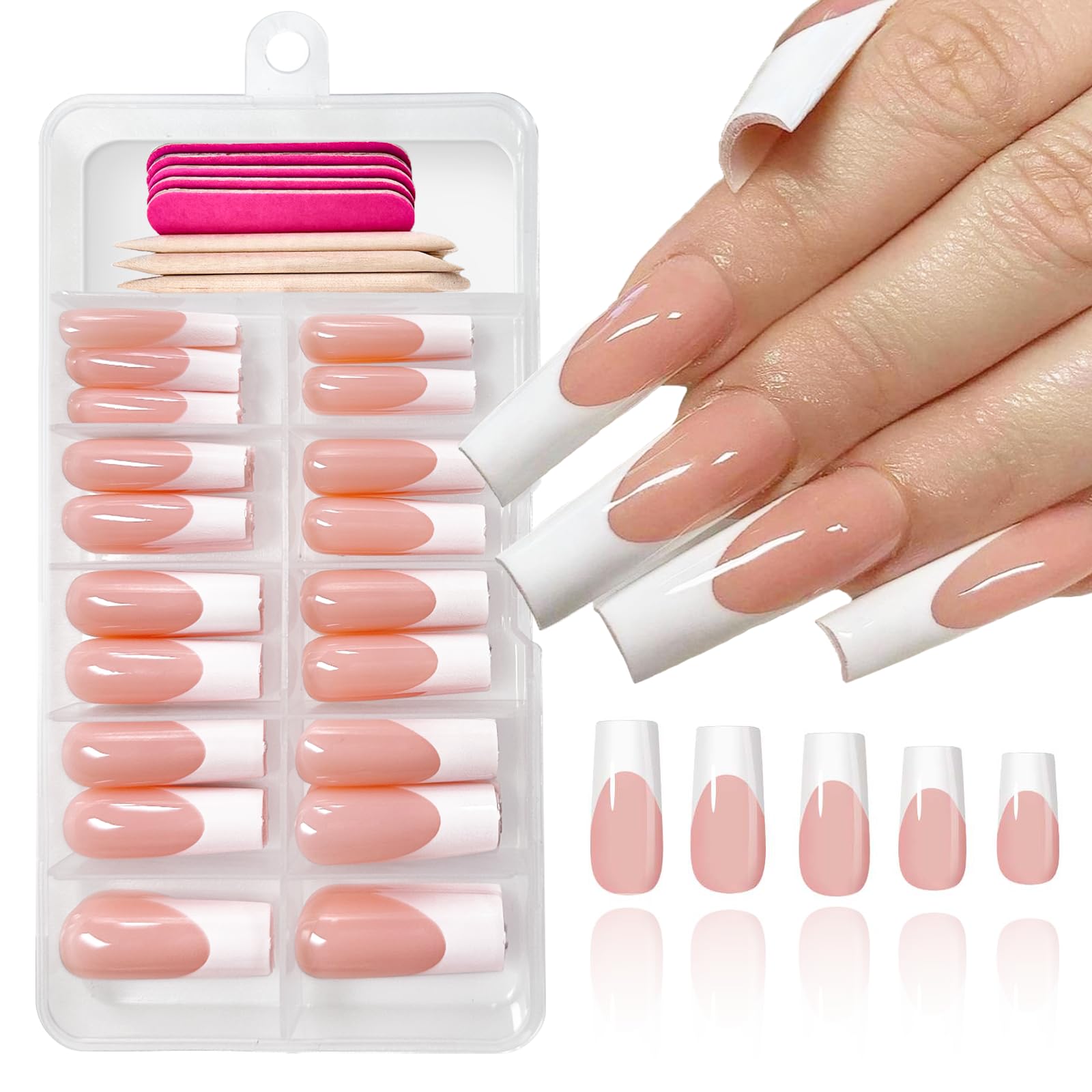 120 Pcs French Tip Press On Nails - Long Square Fake Nails with White Tips, Full Cover Acrylic Glue On Nails & Coffin Style - Includes Adhesive Tabs for Easy Application (12 Sizes) - Perfect for Salon-Quality Manicures at Home, Parties, Weddings & Special Occasions