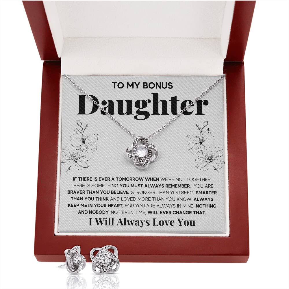 OC9 Sterling Silver Love Knot Necklace & Earrings Set for Daughter - Birthday, Graduation, Christmas Gift with LED Jewelry Box & Message Card - Perfect for Stepdaughter, Goddaughter, or Special Girl in Your Life (Ideal for Prom, Anniversary, or Everyday Wear)