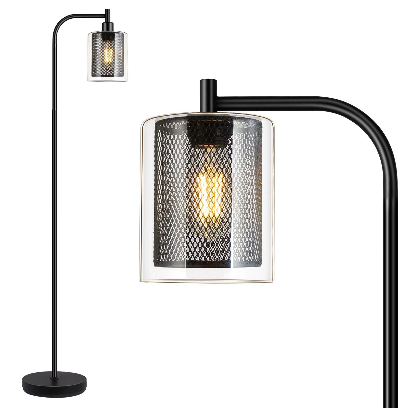 Modern Industrial Floor Lamp with 2-in-1 Iron Mesh Glass Shade - 6W LED Bulb Included & Foot Switch - Bright Standing Light for Living Room, Bedroom, Office - Simple Style Home & Workspace Lighting Solution