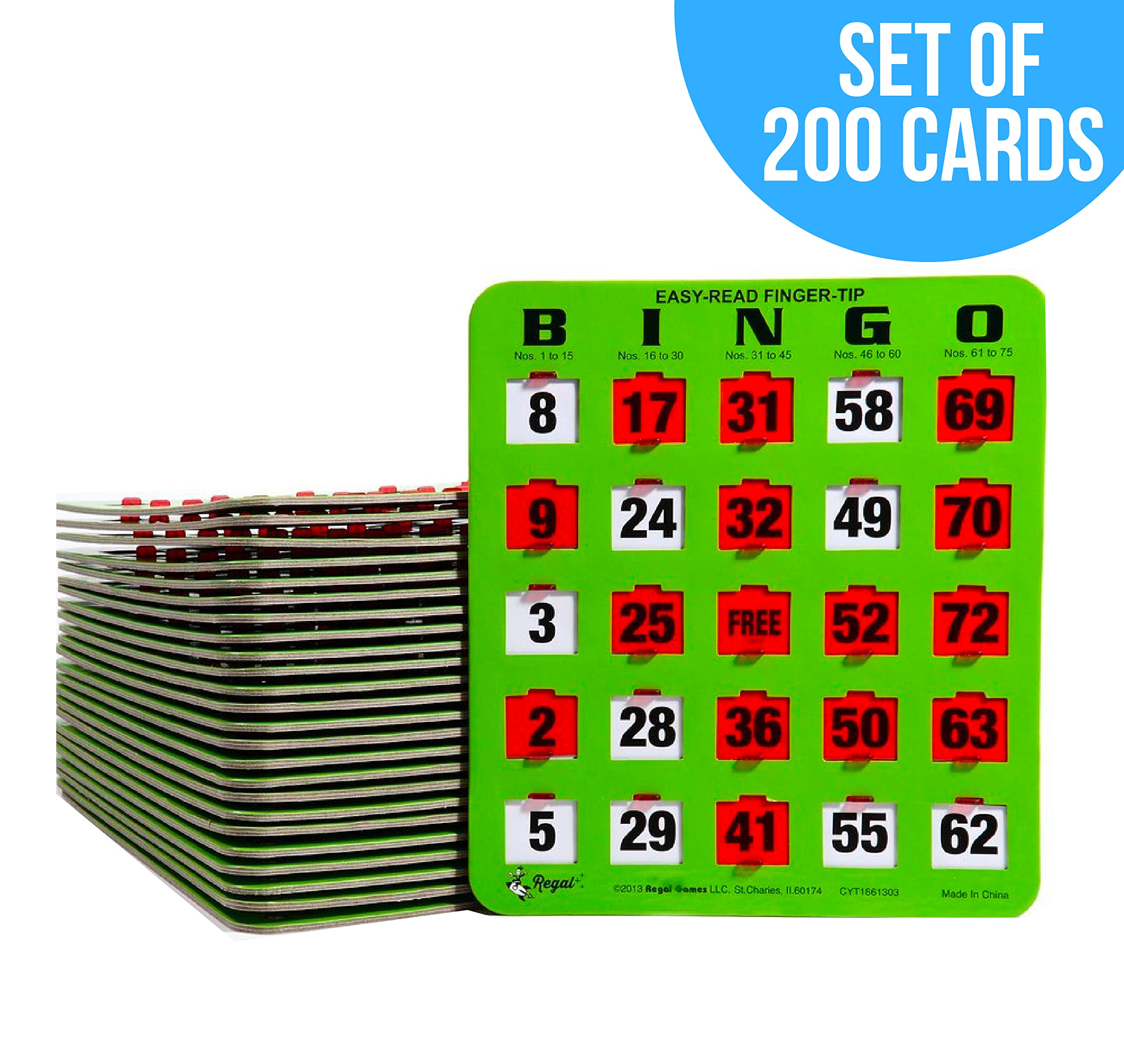 Regal Bingo - 8” x 9” Shutter Slide Bingo Cards - 5-Ply Green Cardstock - Easy to Read Numbers - No Duplicate Cards - Red Sliding Windows - Perfect for Large Groups & Bulk Purchasing - Ideal for Bingo Nights, Fundraisers, Classroom Activities & Senior Center Games