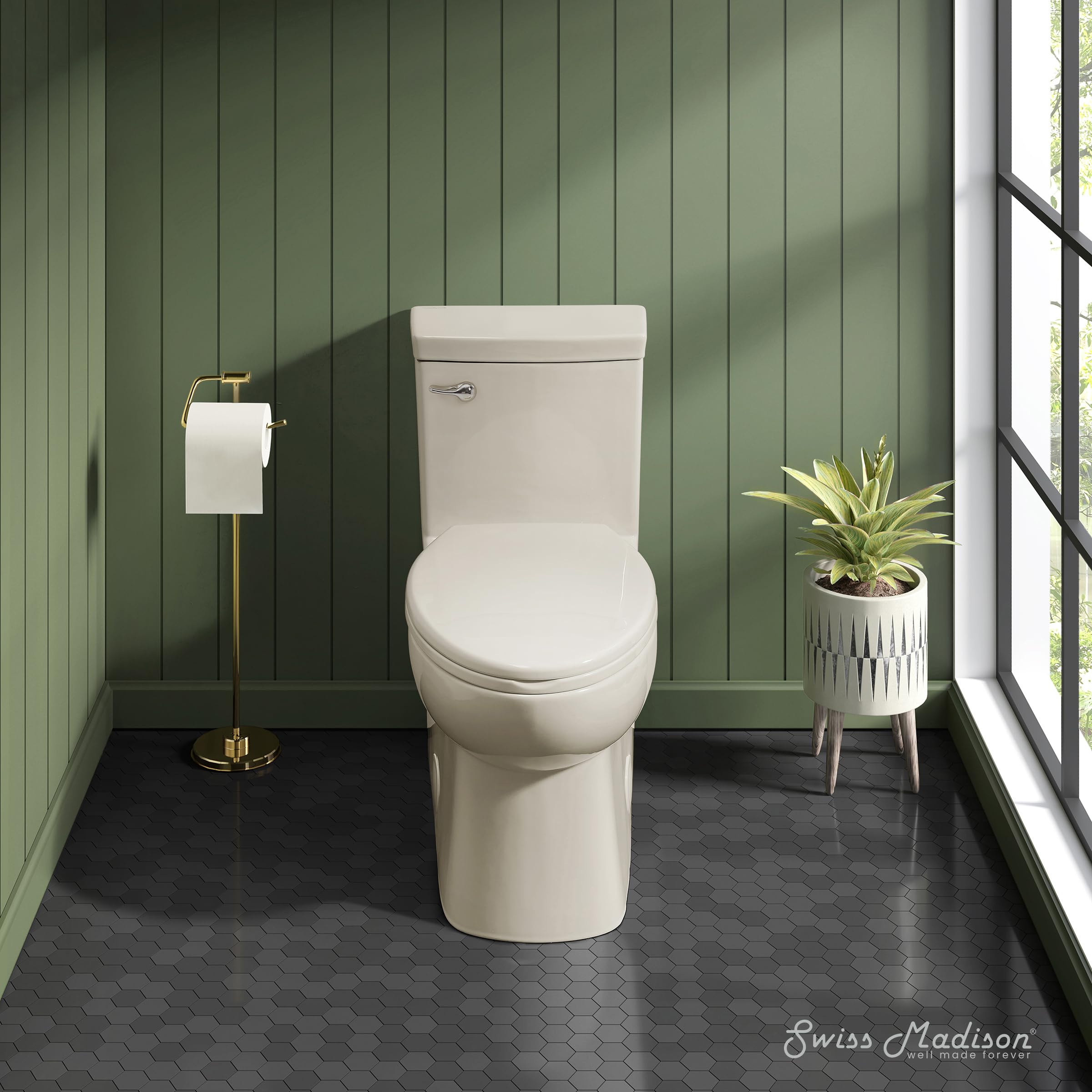 Swiss Madison Classe One Piece Toilet - Modern Elongated ADA Compliant Bathroom Toilet with Dual Flush 1.28 GPF, Front Flush Handle in Bisque Color - Perfect for Residential & Commercial Bathrooms, Hotels and Restrooms