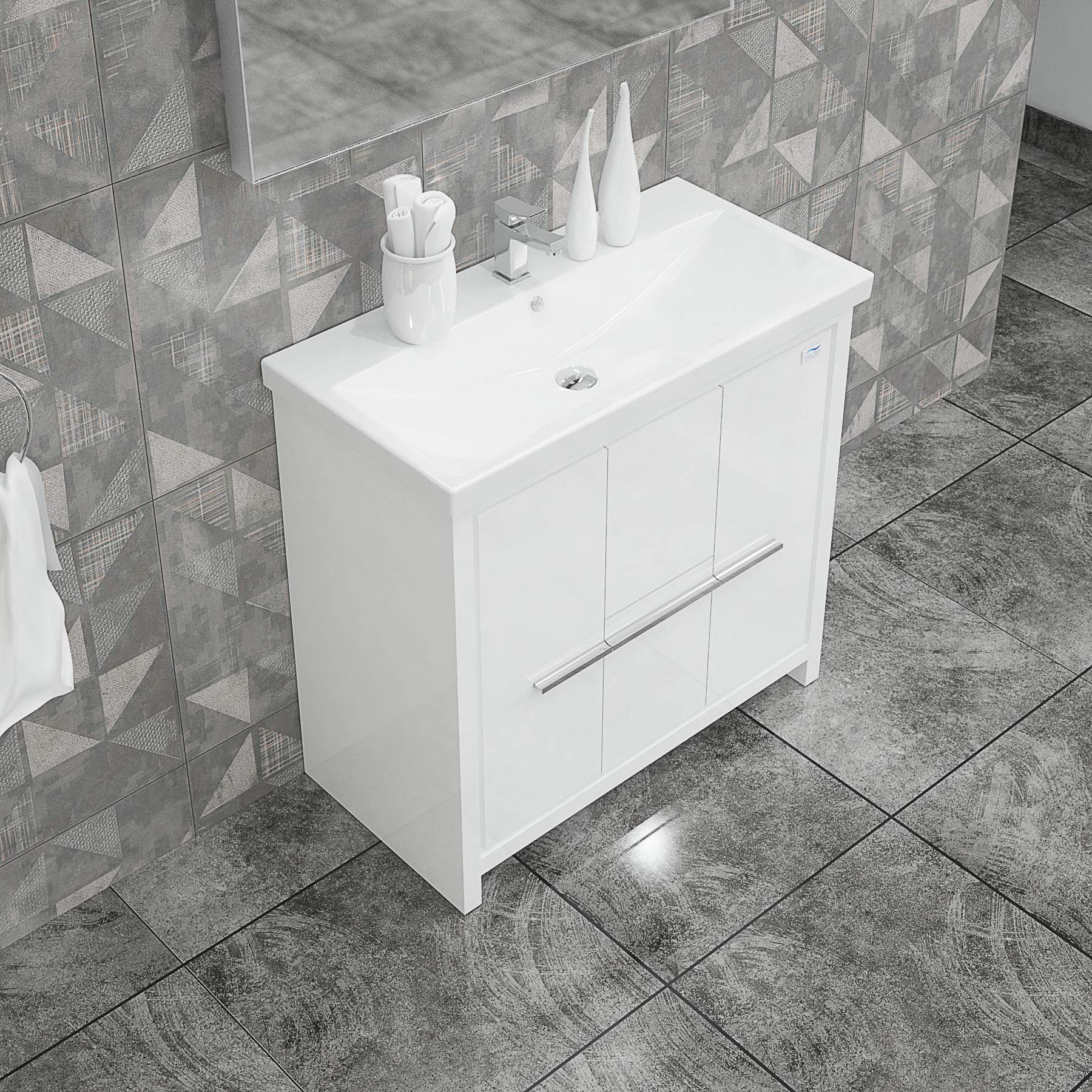 36 Inch Single Sink Bathroom Vanity Set - Modern European Wood Cabinet with Ceramic Sink - Soft Closing Doors & Drawers - Free Standing Glossy White Vanity for Contemporary Bathrooms - Perfect for Small Spaces, Guest Bathrooms & Master Suites