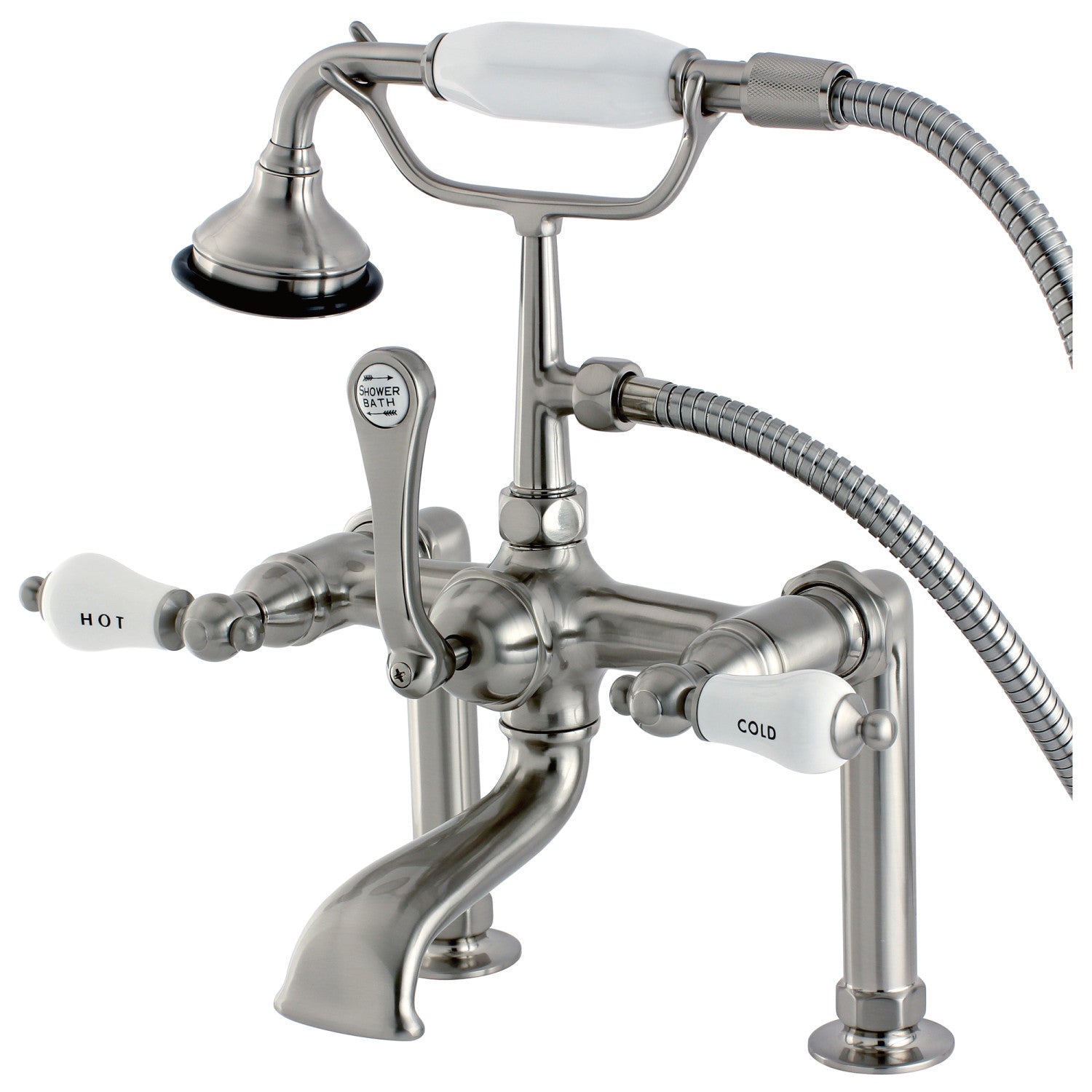 Vintage Clawfoot Tub Faucet with Hand Shower - Brushed Nickel 3-Handle 2-Hole Deck Mount Bathroom Fixture for Antique Style Bathtubs | Perfect for Classic Bathroom Renovations & Spa-Like Showers