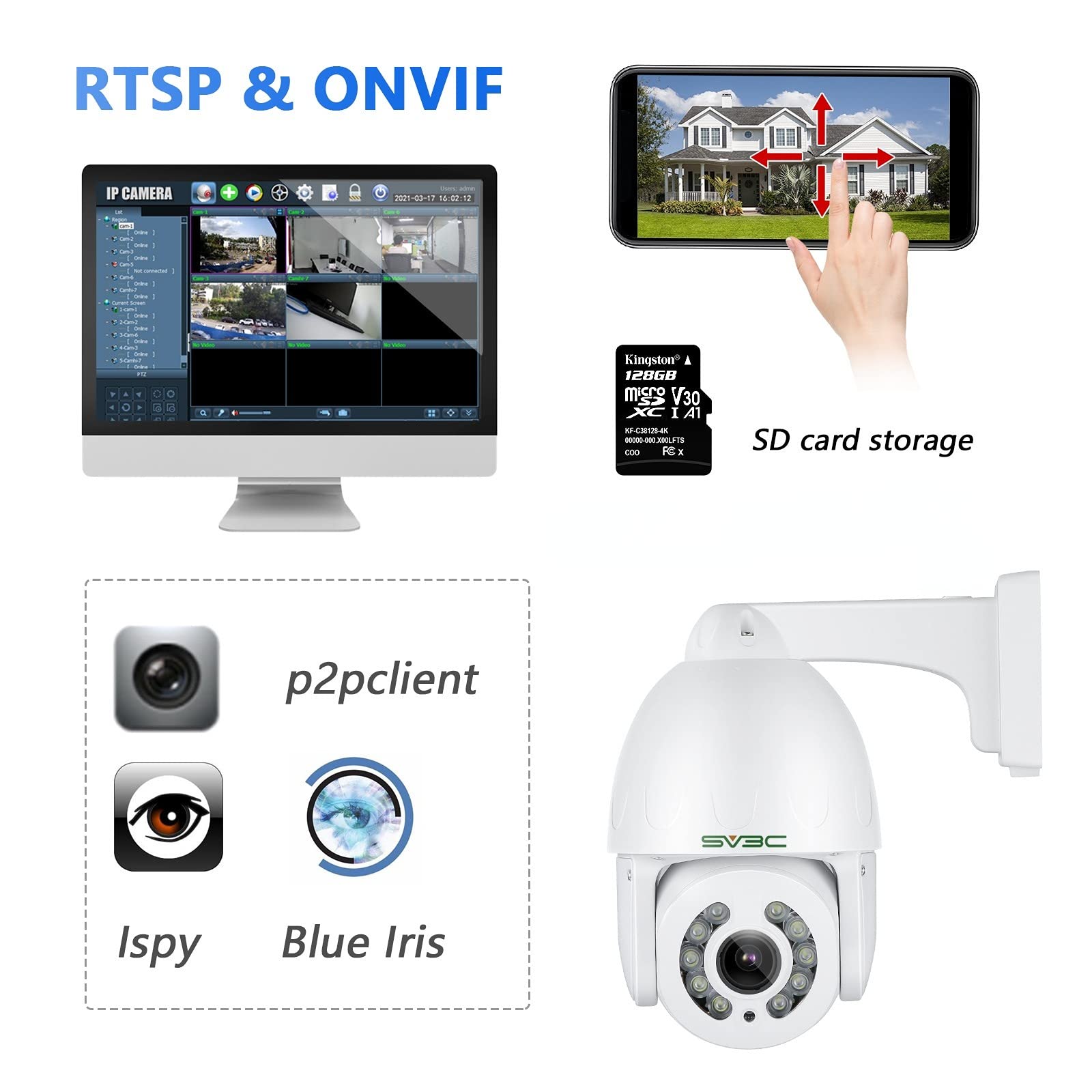 SV3C 5MP PTZ Outdoor Security Camera with 5X Optical Zoom - ONVIF POE IP Camera, Auto Tracking, Super HD Night Vision, Two-Way Audio, Waterproof, Motion Detection (Works with BlueIris & Camhipro) - Ideal for Home Surveillance, Business Monitoring & Outdoor Security