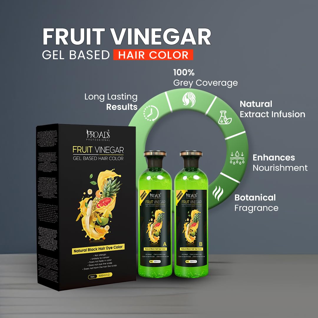 PRO ADS Proads Ammonia-Free Fruit Vinegar Hair Dye Gel - Natural Black Color for Men & Women | 10-Minute Instant Hair Coloring | 1000ml | Perfect for Home Use, Salon Styling & Quick Touch-Ups
