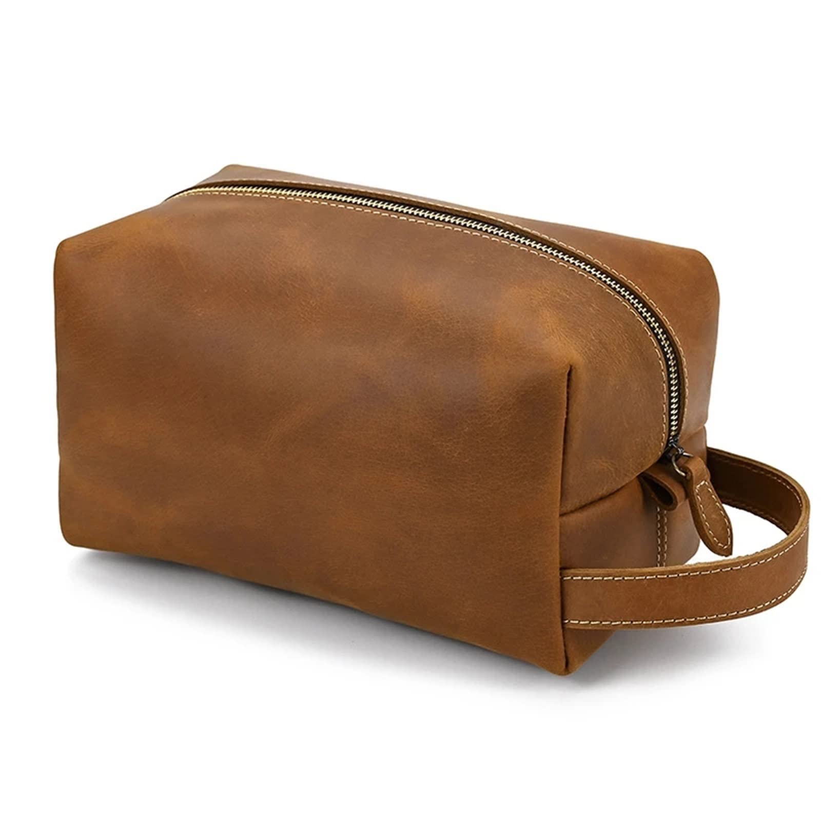 Premium Genuine Leather Toiletry Bag for Men & Women - Travel Shaving Dopp Kit, Makeup Cosmetic Pouch Organizer - Durable Cowhide Wristlet (Brown, One Size) - Perfect for Business Trips, Gym, Vacation & Daily Essentials Storage