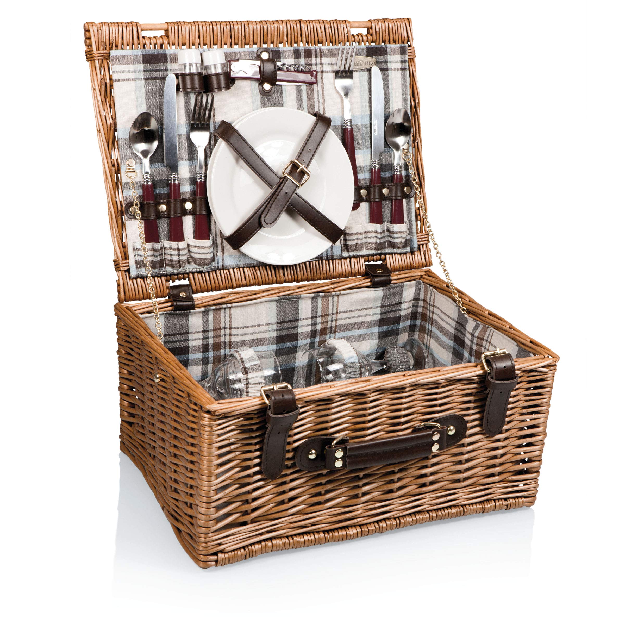 PICNIC TIME - Bristol Wicker Picnic Basket for 2 with Navy Blue & Burgundy Plaid Pattern - Complete Picnic Set for Couples | Perfect for Romantic Outdoors, Beach Dates, and Park Picnics