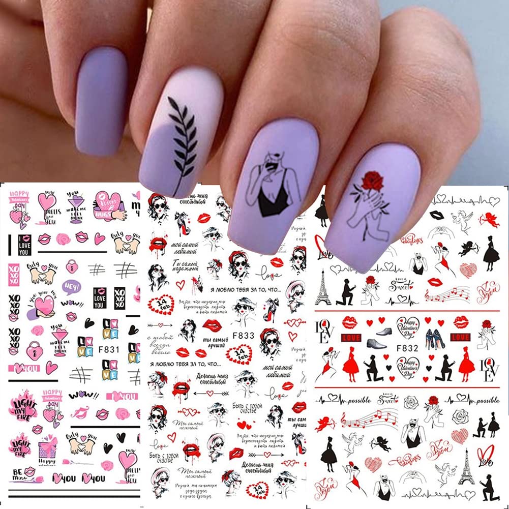 3D Heart Nail Art Stickers - Self-Adhesive Valentine's Nail Decals with Love Hearts, Lips, Roses & Letters (6 Sheets) | Perfect for Romantic Nail Designs, Valentine's Day Gifts & DIY Nail Art Decorations