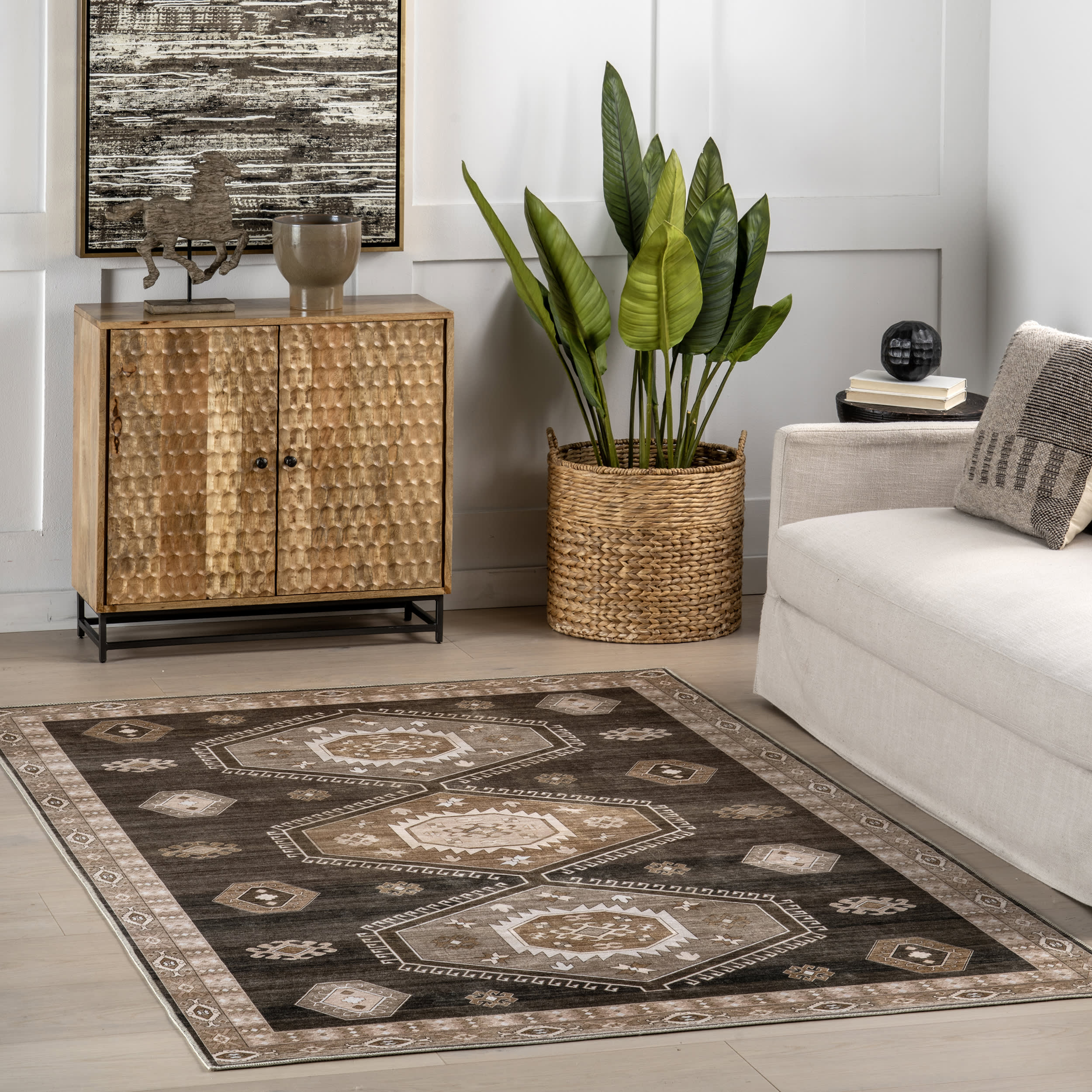 Dark Brown Taro Medallion Spill Proof Washable Rug - Non-Slip Kitchen & Living Room Floor Mat for Home Decor