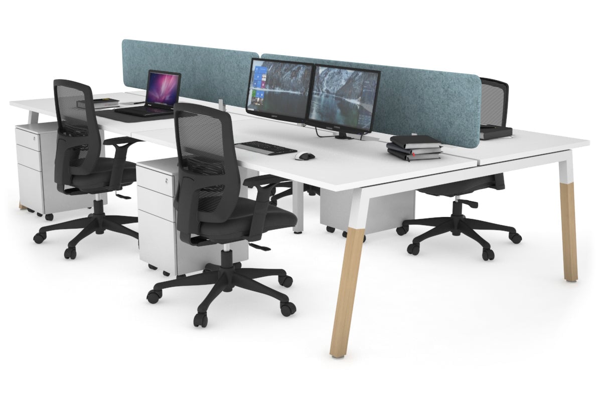 Quadro A Legs 4-Person Office Workstation with Wood Legs & Cross Beam - 1600L x 800W Dimensions with Cable Management Scallop | Perfect for Collaborative Workspaces, Home Offices & Shared Workstations