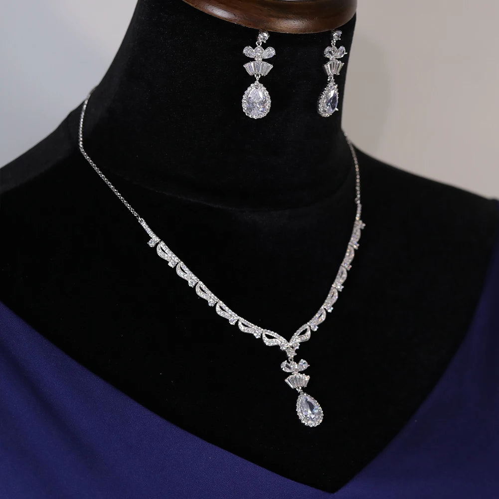 Elegant Water Drop Necklace and Earring Set for Women - Adjustable Length Sterling Silver Jewelry Gift for Birthday, Anniversary, Wedding & Special Occasions