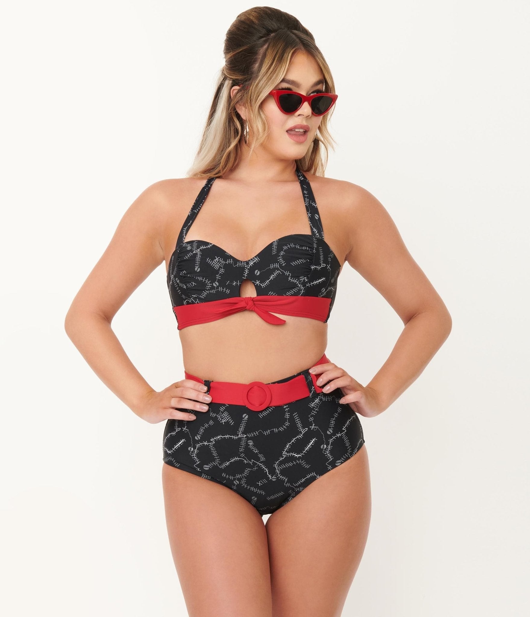 Vintage Black Spooky Stitches Belted High-Waisted Swim Bottoms - Retro Pin-Up Style Bathing Suit Bottom for Women, Perfect for Pool Parties & Beach Vacations