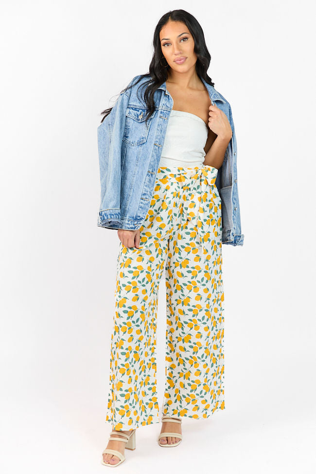 Main Squeeze Ivory Lemon Print Belted Wide Leg Pants - Women's Casual Summer Trousers for Beach, Vacation & Boho Style Outfits