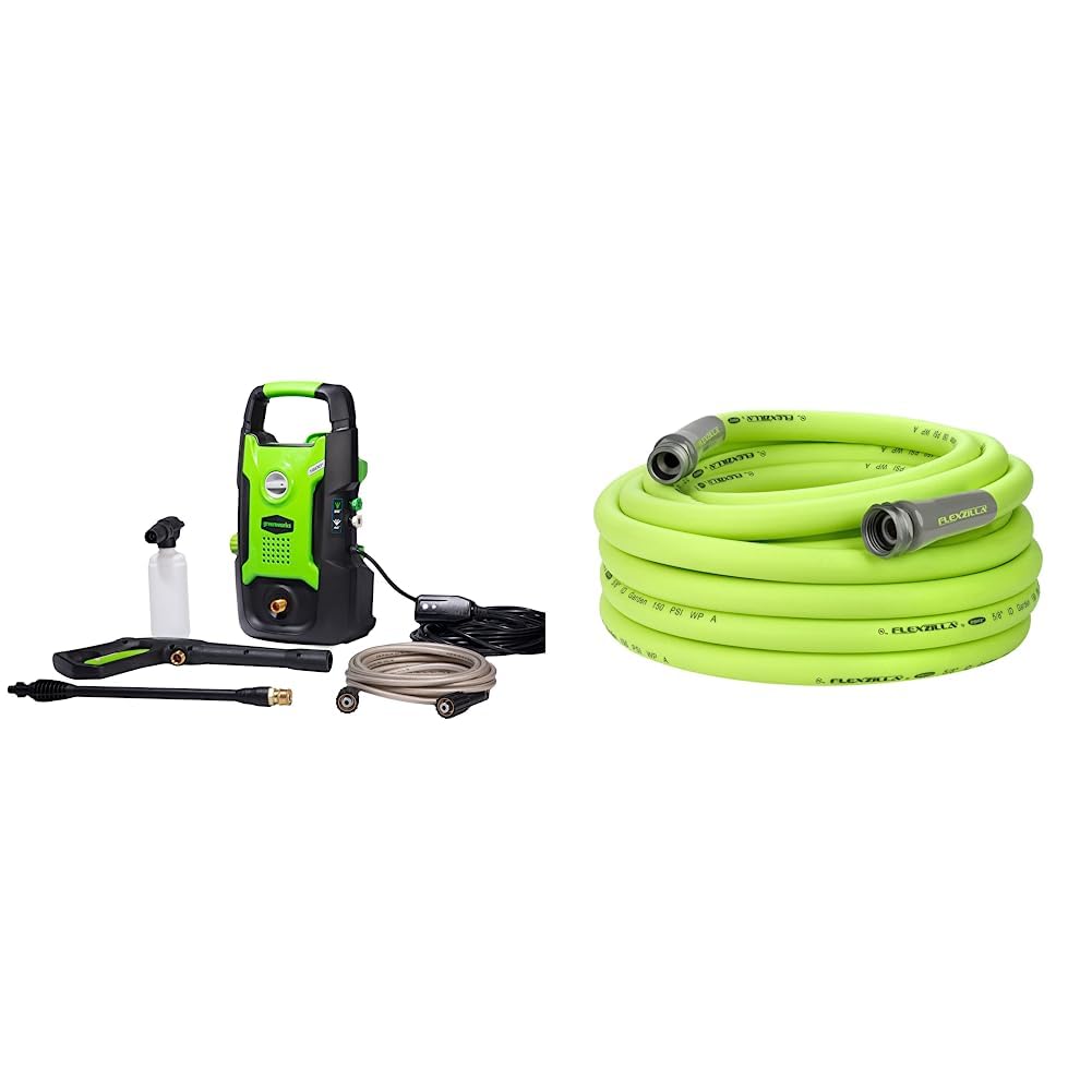 Greenworks 1600 PSI Electric Pressure Washer with Flexzilla 50ft Garden Hose - Lightweight Heavy Duty Washer for Driveway, Deck & Patio Cleaning | Drinking Water Safe ZillaGreen Hose (HFZG550YW-E)