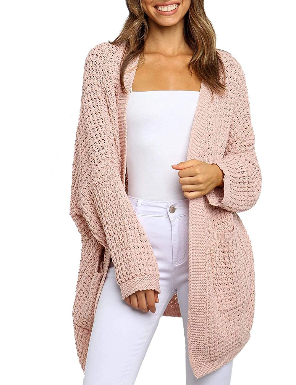 MEROKEETY Women's Oversized Long Batwing Sleeve Cardigan Waffle Knit Sweater Coat - Soft Warm Open Front Duster for Fall Winter Fashion, Office, Travel & Casual Outfits