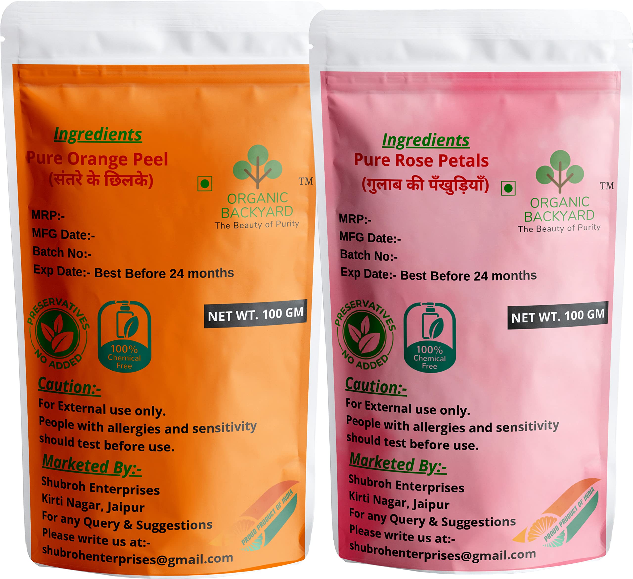 Organic Backyard 100% Natural Orange Peel Powder & Rose Petal Powder Combo - 100g Each for Glowing Skin, DIY Face Masks & Natural Beauty Treatments - Perfect for Homemade Skincare & Spa Days